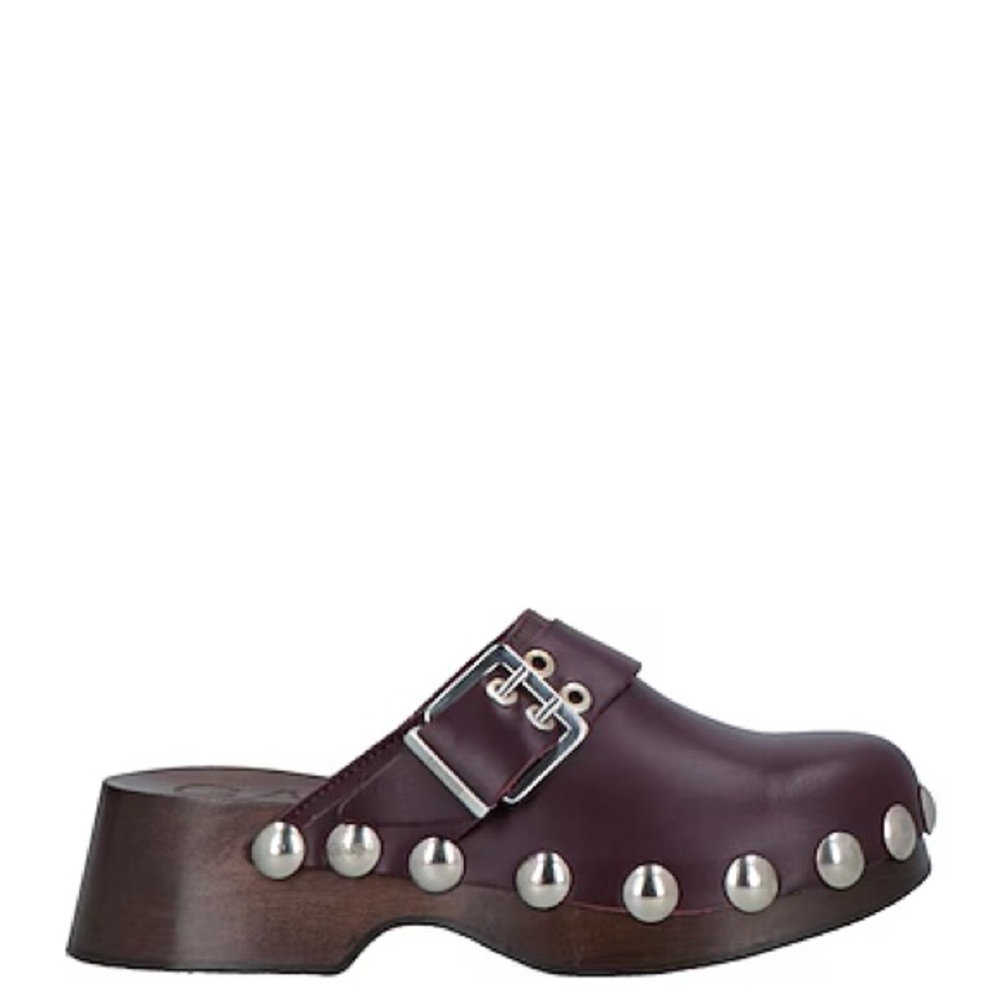 Ganni Dark Red Leather Mules with Metallic Accents